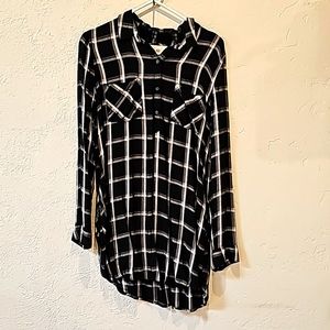Black Plaid Long Sleeve Shirt Dress, Large